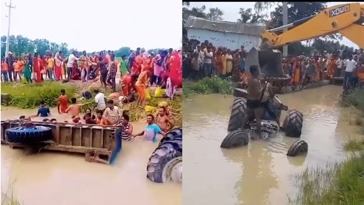 The tractor of devotees returning to Nepal after performing 