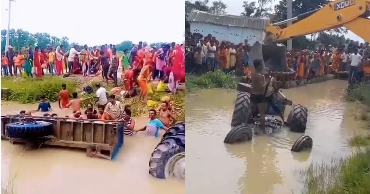 The tractor of devotees returning to Nepal after performing 