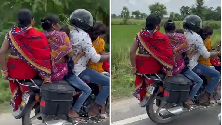 Careless ride: 6 passengers including two women on a bike..