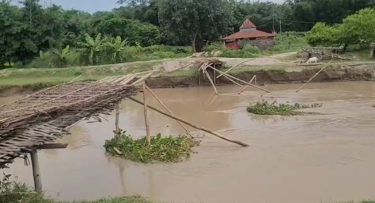 Bihar Flood Sursar nadi par bana Chachari pul dhvast, gaon k Bihar Flood Sursar nadi par bana Chachari pul dhvast, gaon k