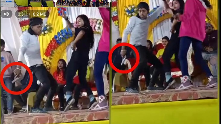 Video of young man waving arms at orchestra during wedding c