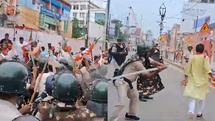 Lathi charge on BJP workers, police running and beating them