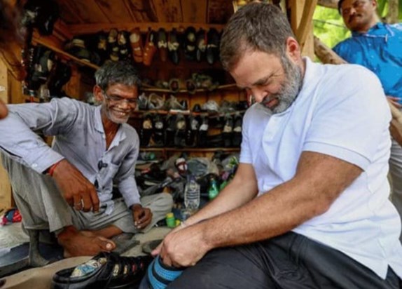 Congress leader Rahul Gandhi was seen stitching slippers wit Congress leader Rahul Gandhi was seen stitching slippers wit