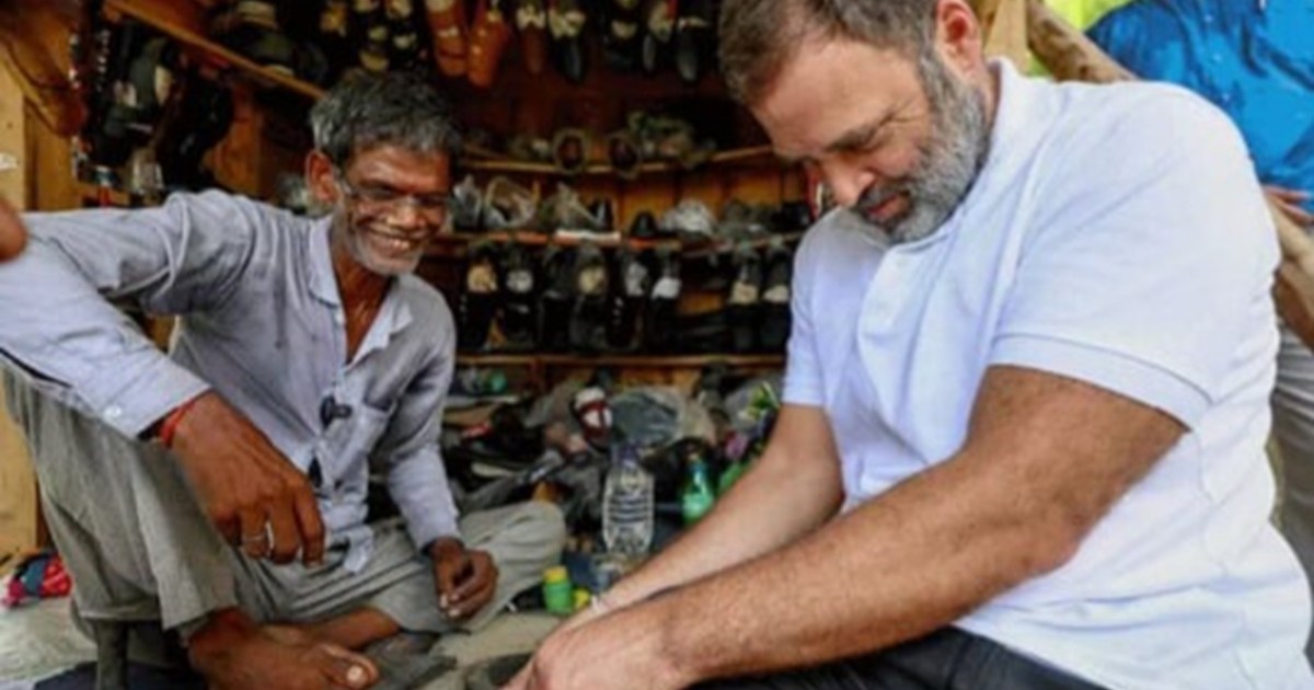 Congress leader Rahul Gandhi was seen stitching slippers wit