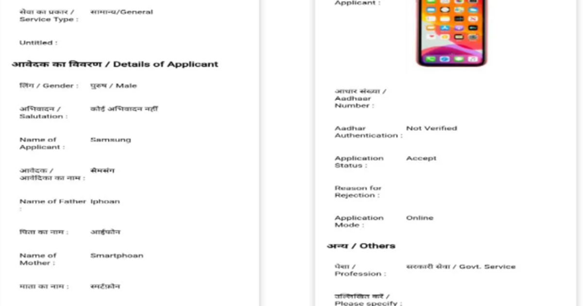 Aavedan mein aavedak ka naam 'Samsung', pita 'iPhone', mata 