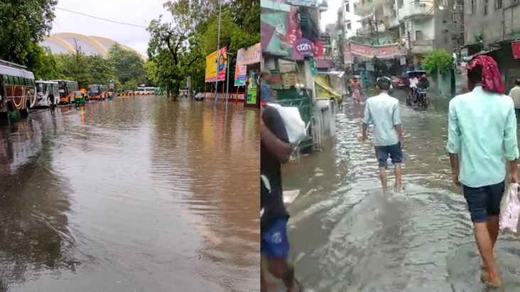 Roads of Patna turned into lakes after rain all night. schoo Roads of Patna turned into lakes after rain all night. schoo