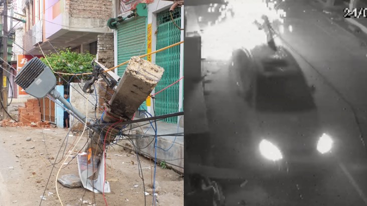 The car hit the electric pole in film style, CCTV footage we The car hit the electric pole in film style, CCTV footage we