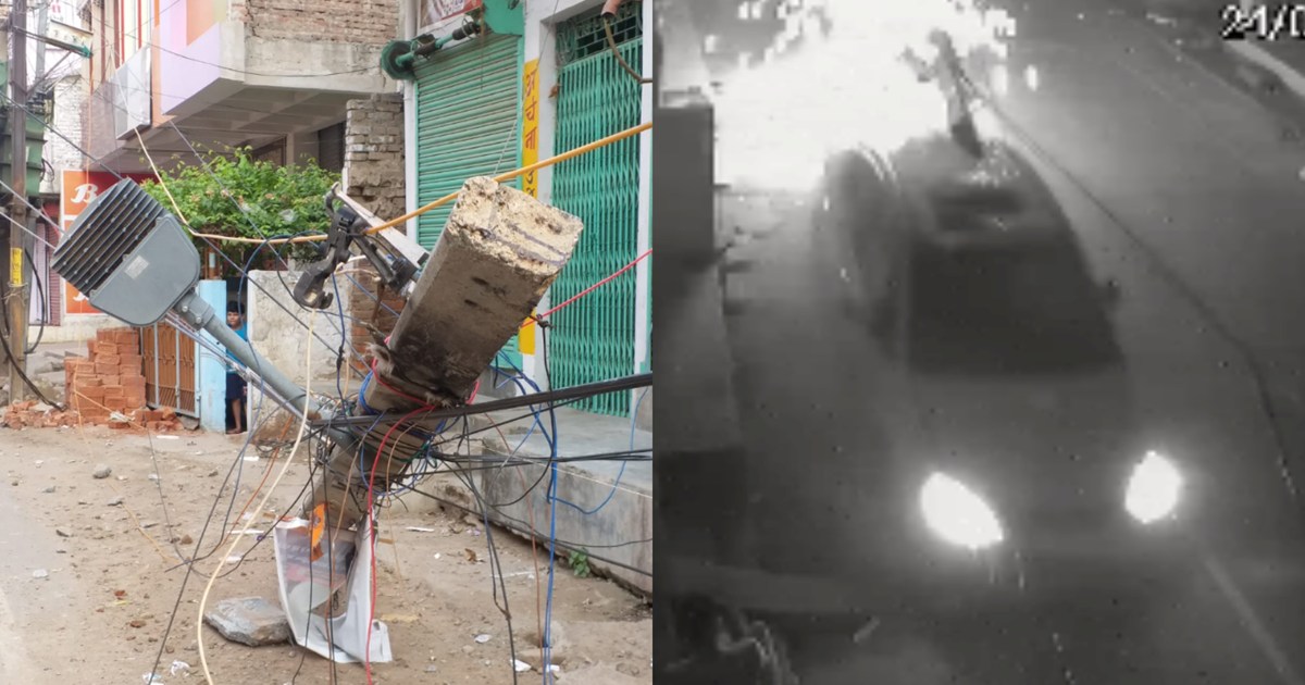 The car hit the electric pole in film style, CCTV footage we