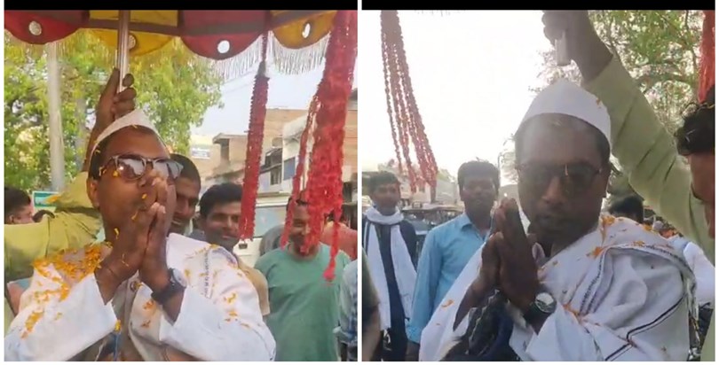 When Netaji arrived to file his nomination wearing a garland When Netaji arrived to file his nomination wearing a garland