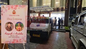 A ring ceremony was going on in a hotel when a lift full of guests fell down, causing chaos.