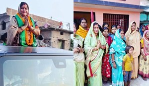 Chanda Devi is campaigning for her husband Khesari by travelling around in a Scorpio
